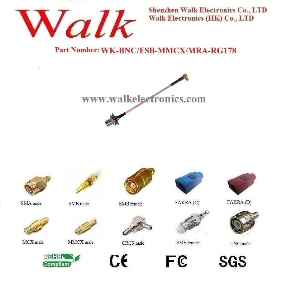 

BNC female MMCX male RG178 cable, bnc mmcx cable, mmcx connector cable