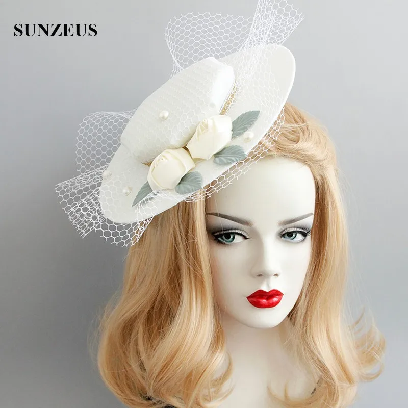 New Design Ivory Bridal Hats With Flowers Leaves Elegant Women Party Hat With Tulle European Court Nobles Jockey Hat