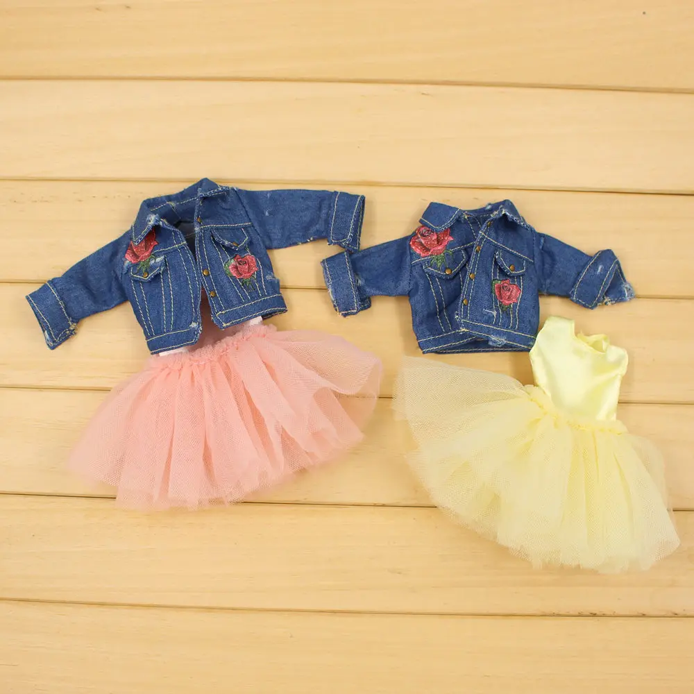 

DBS Blyth icy doll Pink and Yellow Gauzy Skirt with Denim jacket for the JOINT body fashion dressing girl gift