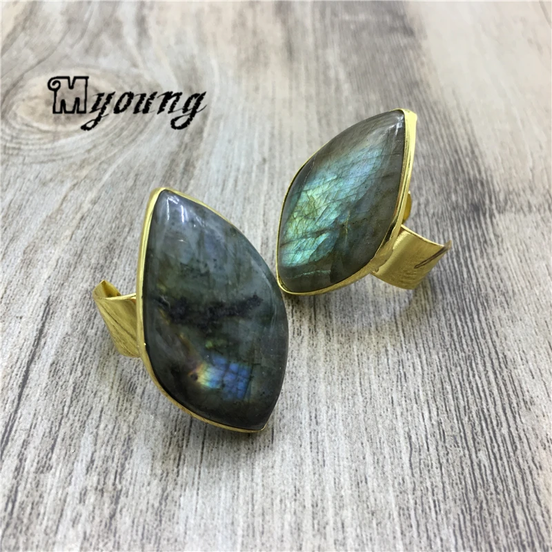 

10PCS Natural Flash Labradorite Gems Moontone Adjustable Rings For Women MY2078