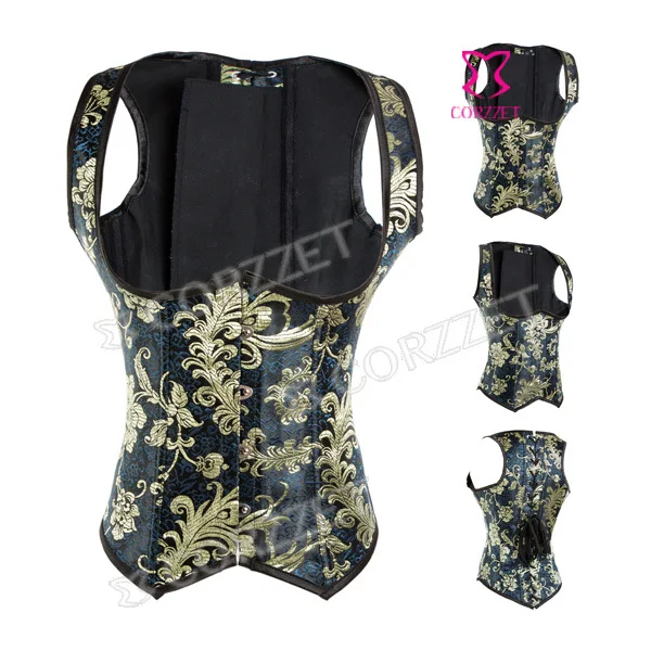 New Women Blue Jacquard Steel Boned Waist Trainer Sexy Underbust Vest Corset Bodice Gothic Crop Top Bustier Slimming Corpetes