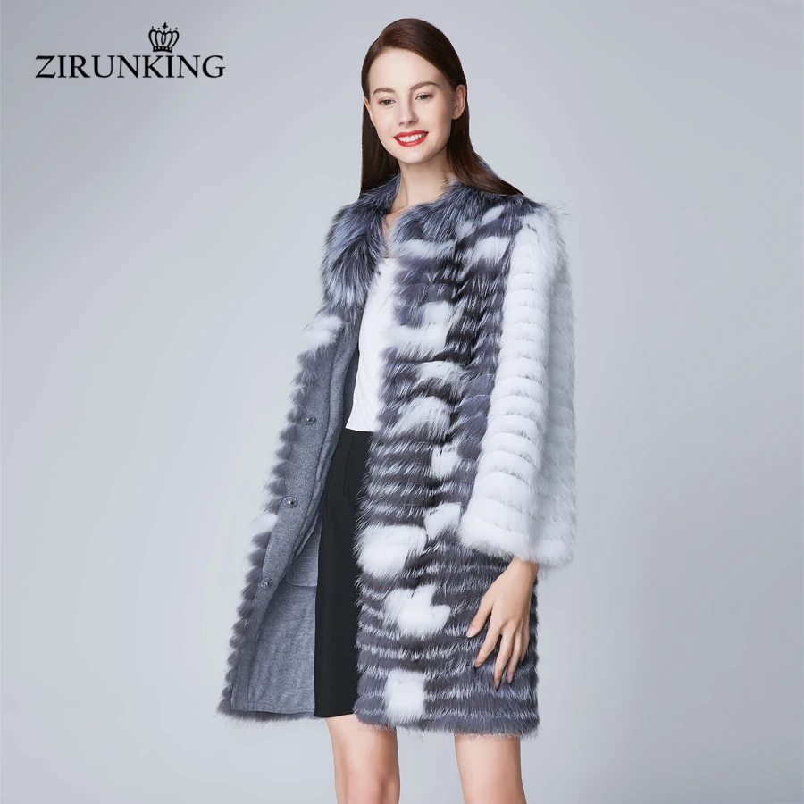 ZIRUNKING Women High Stripe Natural Fox Fur Coat Female Natural White Silver Fox Fur Fashion Outerwear Plus Size ZC1848