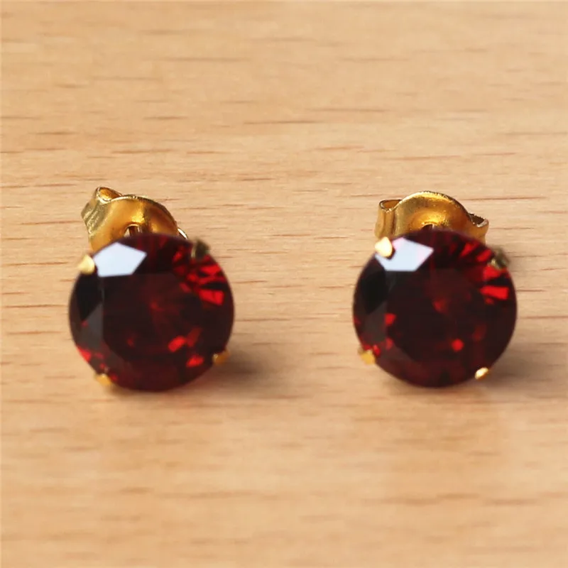 Stainless Steel Gold-color Vacuum Plating With 8mm Round AAA Pomegranate Red Zircon Stud Earrings 201903011428