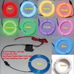 DC12V Powered 2M LED light 10 Colors EL Wire Tube Rope Flexible Neon Cold Light Car Party Wedding Decor