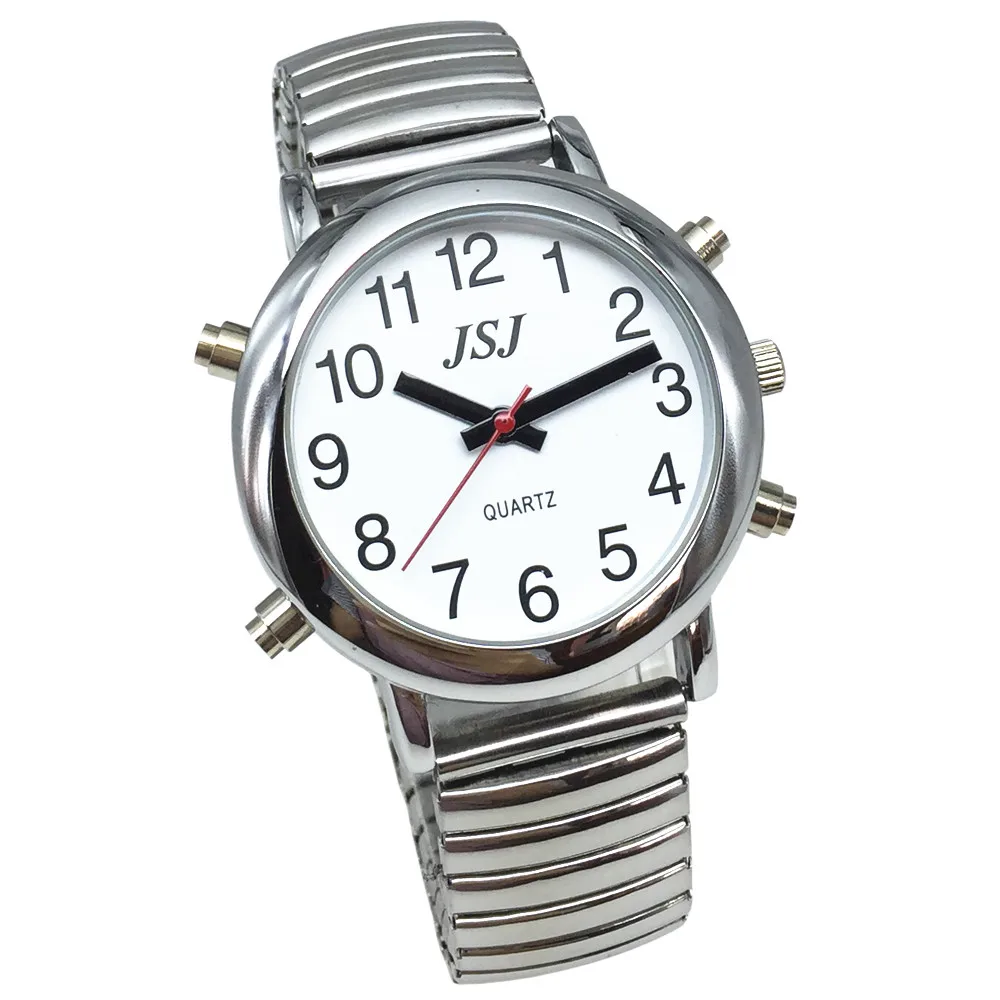 English Talking Watch with Alarm, White Dial, Silver Frame, Expansion Band