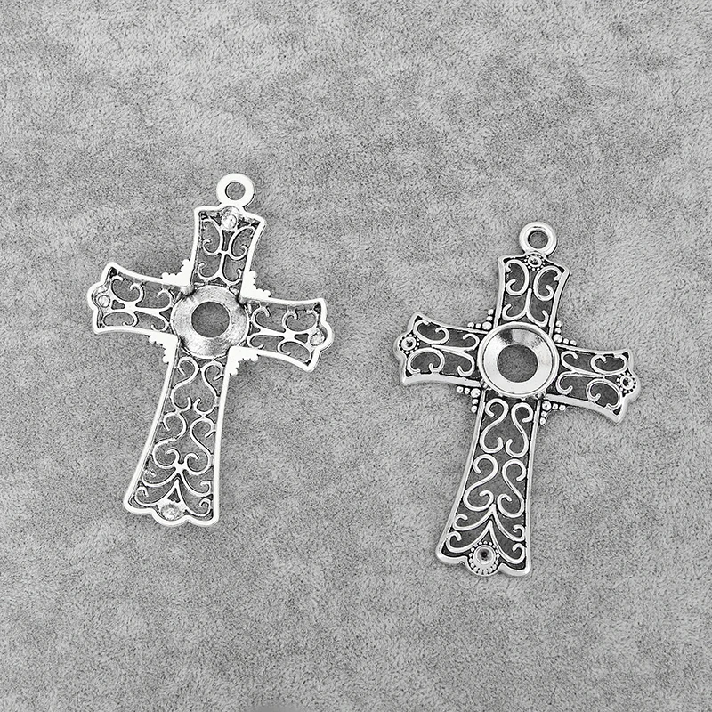 4PCS Hollow Open Filigree Cross Charms Pendants Blank 1.5mm/3mm/16mm Round Cameo Cabochon Settings