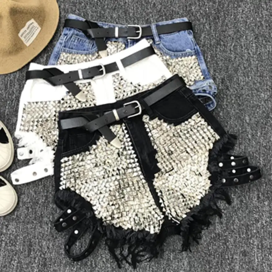 

Rivet denim shorts 2022 summer spring women high waist loose tassel jeans shorts add XXL