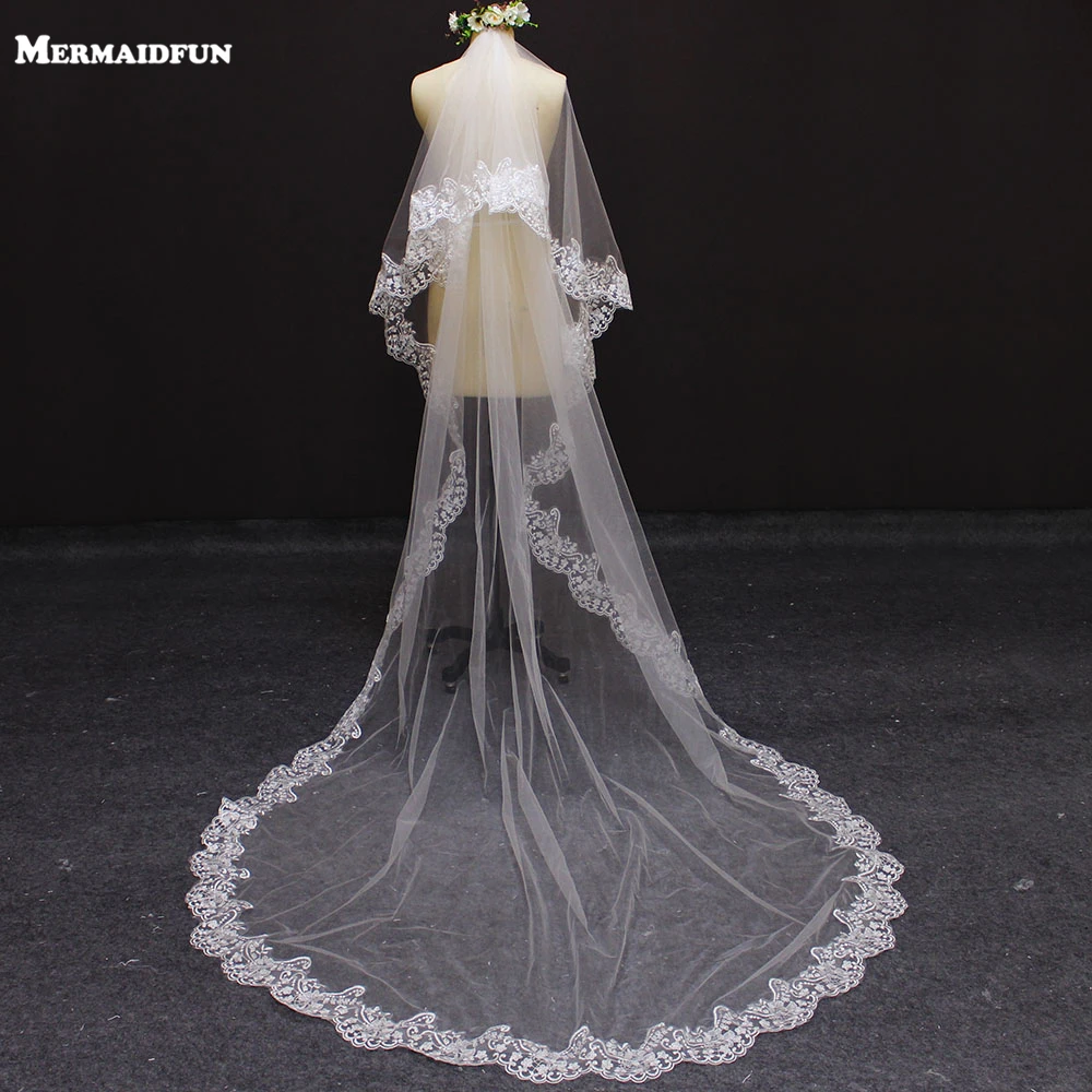 

Real Photos 3 Meters 2 Layers Lace Edge Wedding Veil With Comb Beautiful 2 T Bridal Veil for Wedding