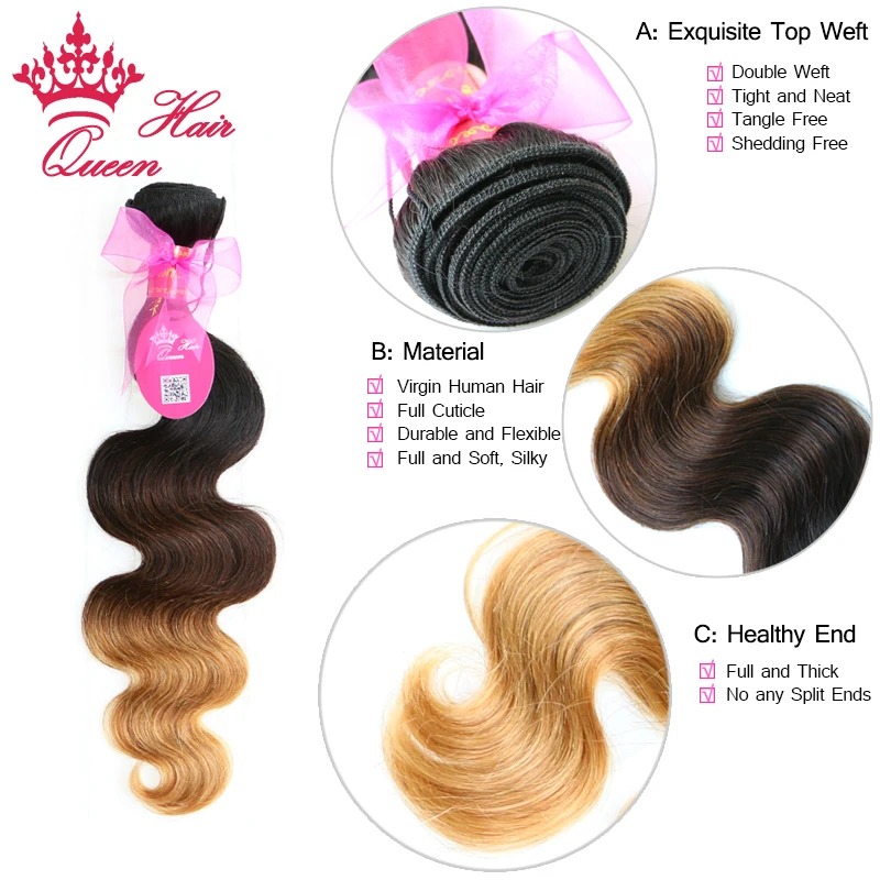 Queen Hair Official Store Ombre Color Hair Extensions Brazilian Body Wave 3 Tone #1B/4/27 Remy Human Hair Weave Bundles Deal