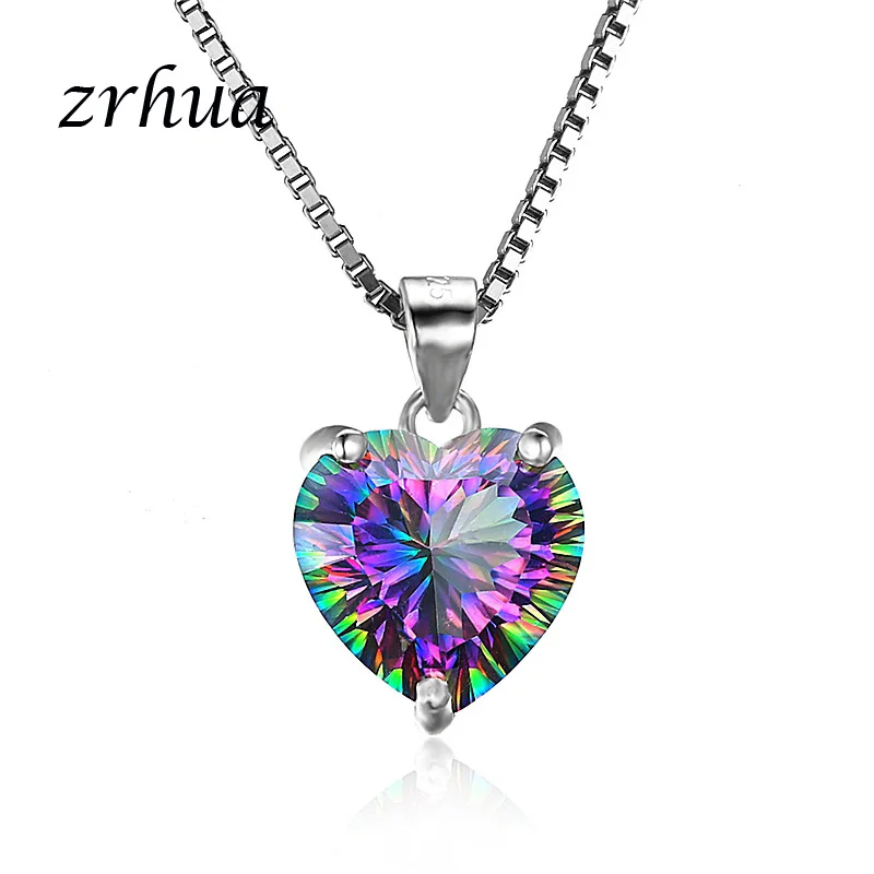 

ZRHUA Hot Rainbow Crystal Pendant Love Heart Silver Color Necklace for Women Femme Wedding Engagement Jewelry Wholesale