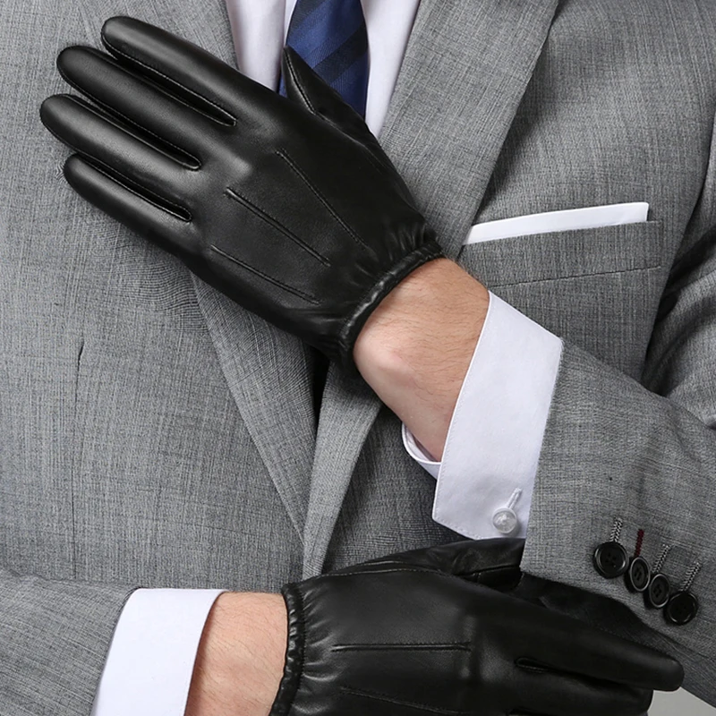 Genuine Leather Men Gloves Autumn Winter Plus Thin Velvet Fashion Trend Elegant Male Leather Glove For Driving M18001