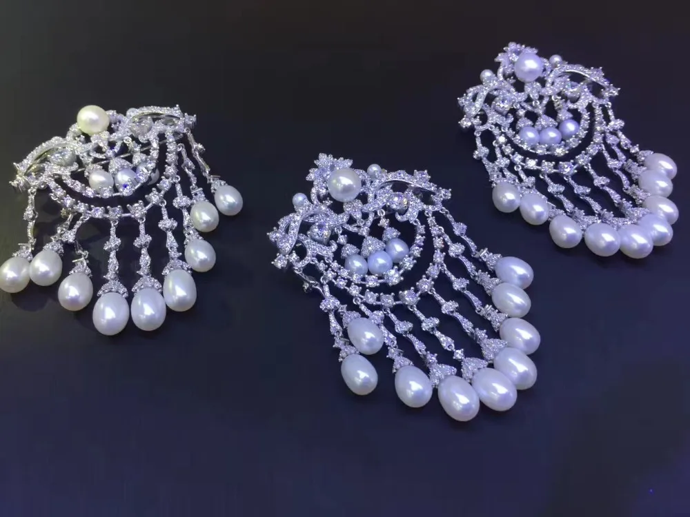 natural fresh water pearl brooch 925 sterling silver with cubic zircon vintage victoria tassels brooch luxury women's brooches