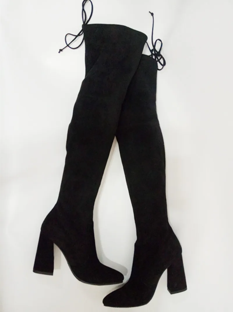 

Black Thick heeled woman long boots pointed toe stretch fabric thigh high boots women over the knee high heel boots