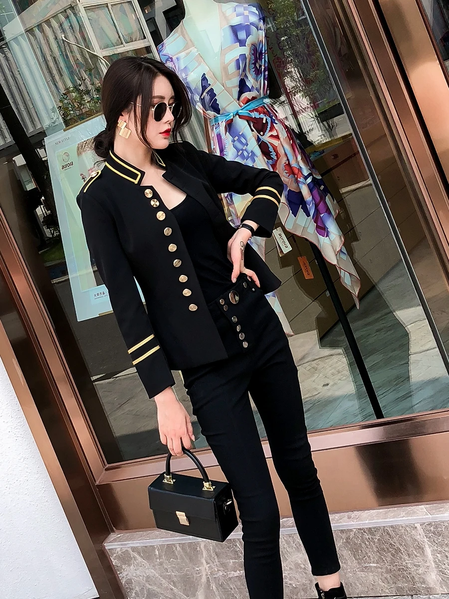 2018 Autumn fashion new women\'s jacket coat Slim short military uniform tunic outwear female metal single-breasted jacket L1202