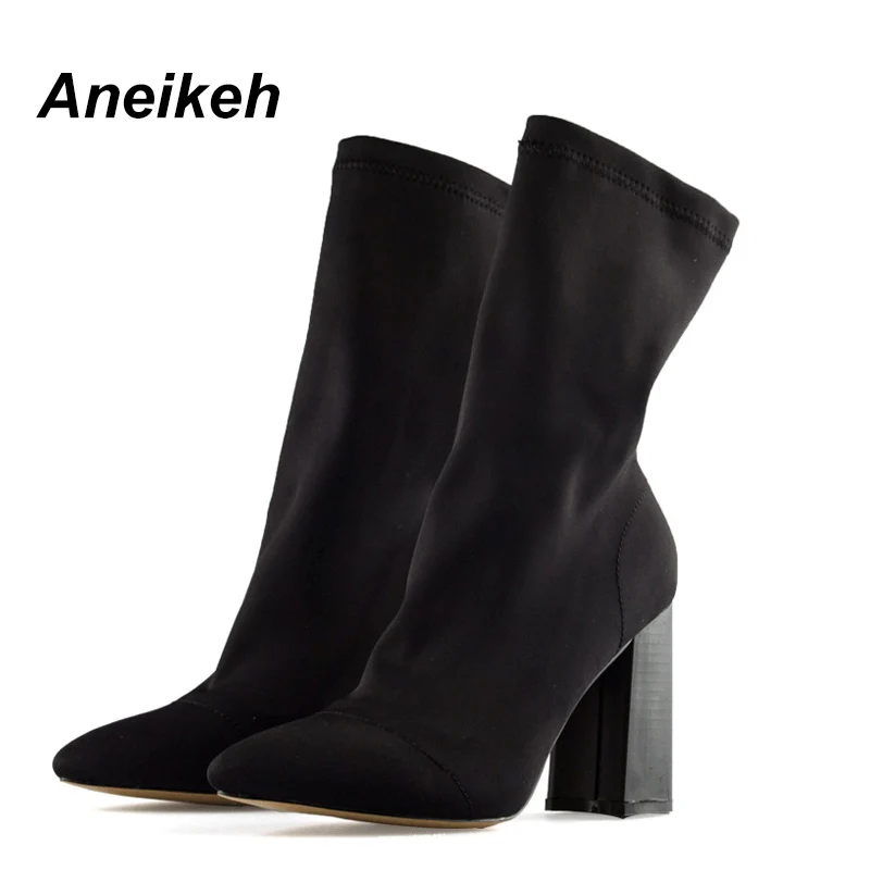 Aneikeh 2024 Spring/Autumn Elegant Stretch Fabric Socks Boots Women\'s Pointed Thick Heel Sewing Ankle Boots Party Club Zapatos