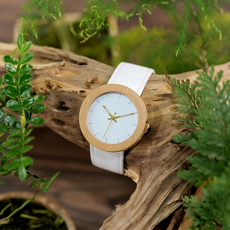 BOBO BIRD-Montre à quartz en acier au bambou pour femme, bracelet en cuir véritable avec boîte en bois, cadeau personnalisé, marque, WJ27