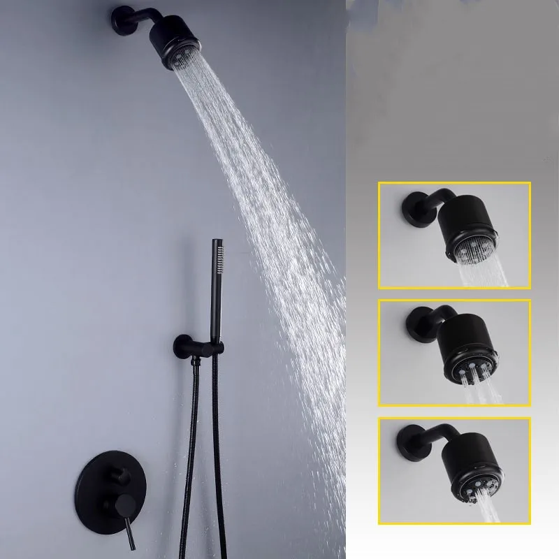 Wall mounted black brass bathroom shower faucet set three functions top shower head mixer faucet set