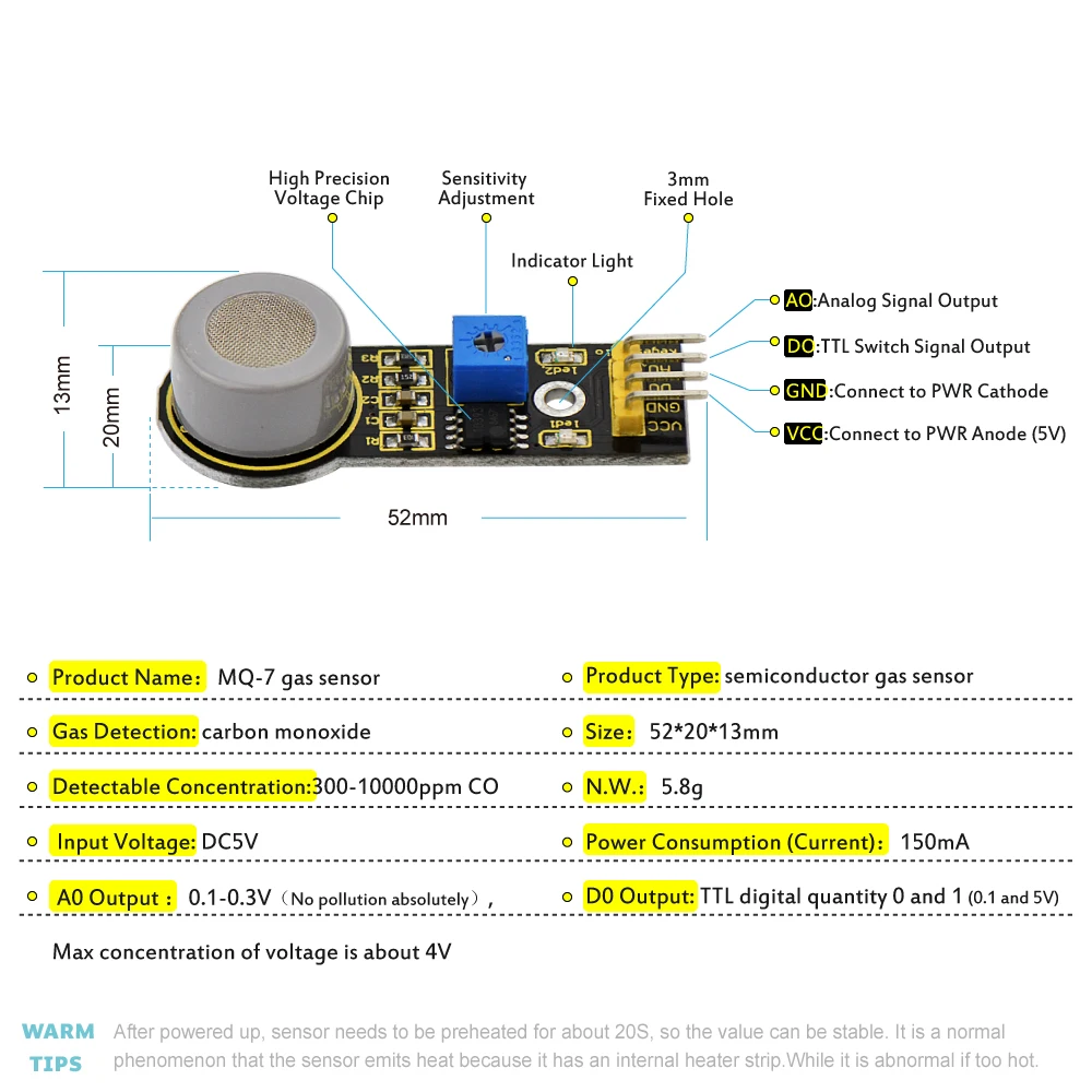 Keyestudio MQ-7 Carbon Monoxide CO Gas Sensor Detection Module for Arduino Sensor Starter DIY Electronic Project