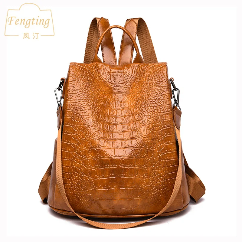 women\'s backpack 2020 new vintage leather  Crocodile trave backpack girls school bag fashion black shoulder bag FENGTING FTB060