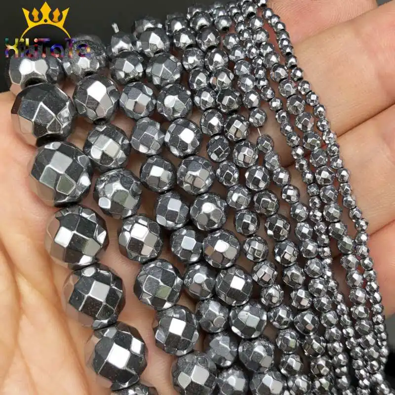 Natursteinperlen, facettierte, versilberte Hämatitperlen für die Schmuckherstellung, DIY-Halsketten- und Armbandzubehör, 2/3/4/6/8/10 mm. – Detail 1