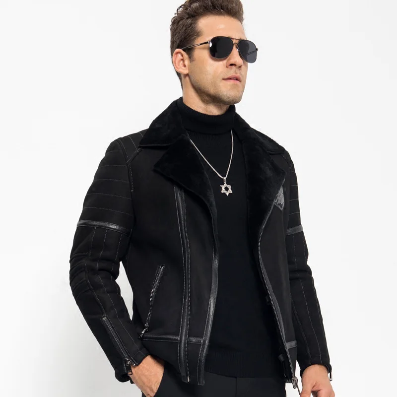 Men's  Shearling Jacket Casual Genuine Leather Lapel Motorcycle Short Coat Flight Jacket B-3 Bomber TJ8163