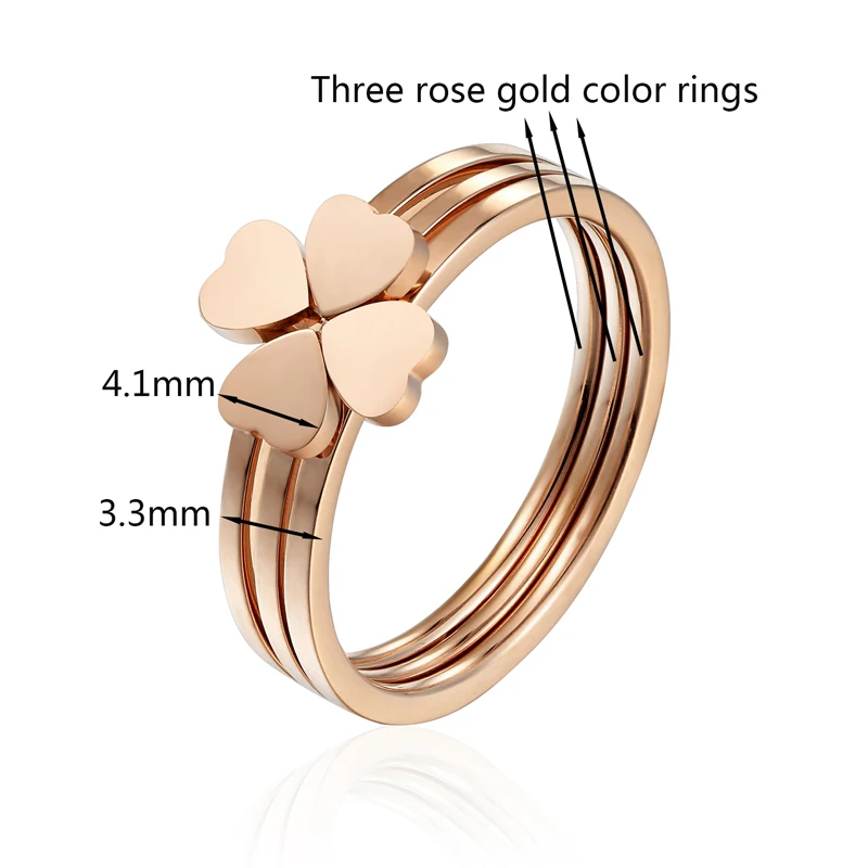 Classic Design Three Heart Ring Combination Stainless Steel Rings For Women Rose Gold Color Clover Jewelry Female Accessories