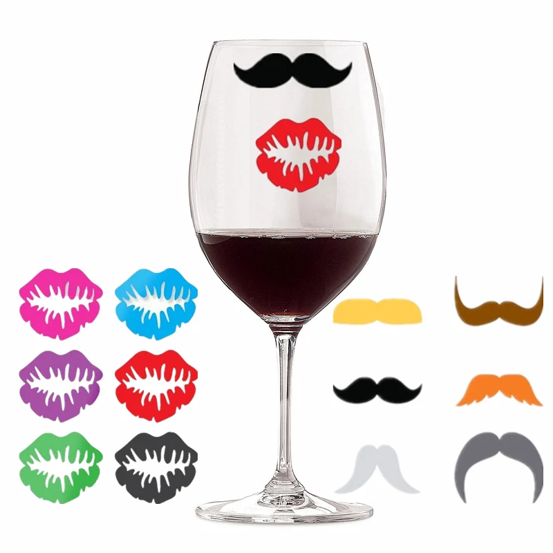 Set of 12 Reusable Lips & Mustache Silicone Sticky Wine Glass Charm Tags Markers