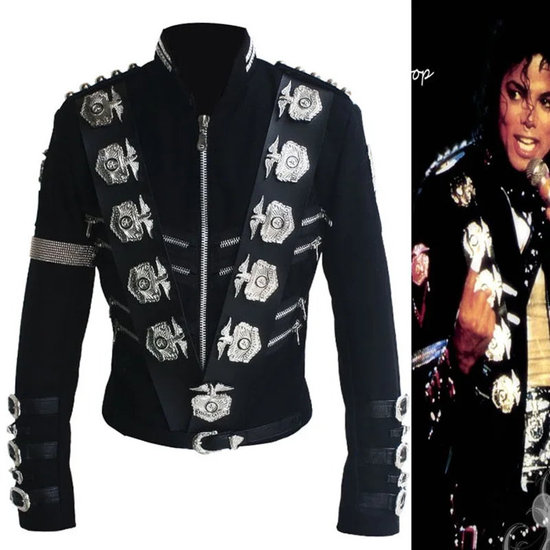 

Impersonator Michael Joseph Jackson Costumes Jacket Stuff BAD Black With Silver Eagle Badges Punk Metal woolen Clothing