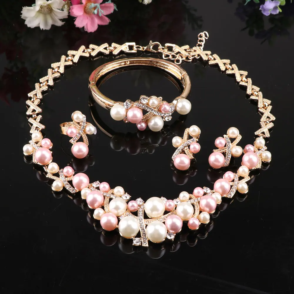 New Arrival Gold color Crystal Colorful Pearl Necklace Jewelry Set Women Imitation Wedding Fashion Pearl Jewelry WB-2001