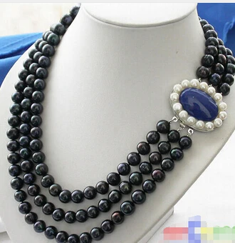 

3row 11mm black ROUND FRESHWATER CULTURED PEARL NECKLACE LAPIS p2014> Wholesale Lovely Women's Wedding Jewelry