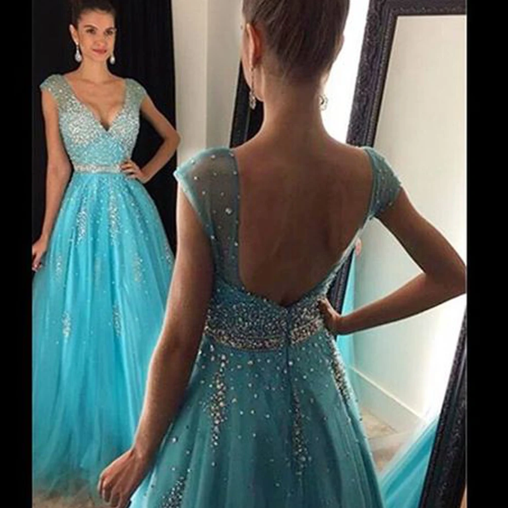 Vestido de festa 2019, decote em v, com contas, lantejoulas, cristal, sem costas, azul, baile