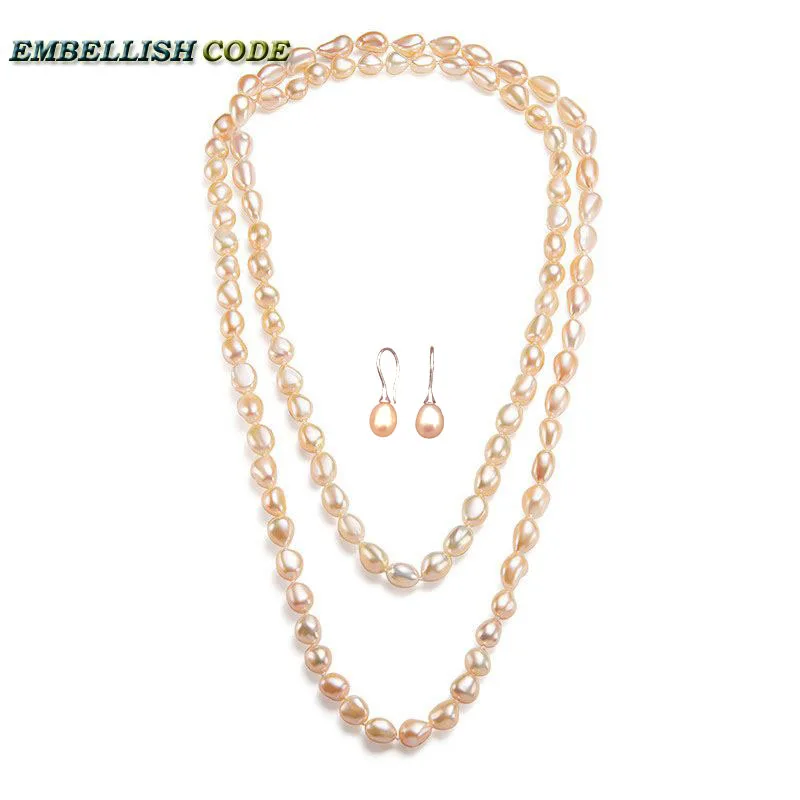 

Sweater chain sheen semi baroque long necklace triple 120cm hook dangle earring set freshwater pearls pink peach orange color