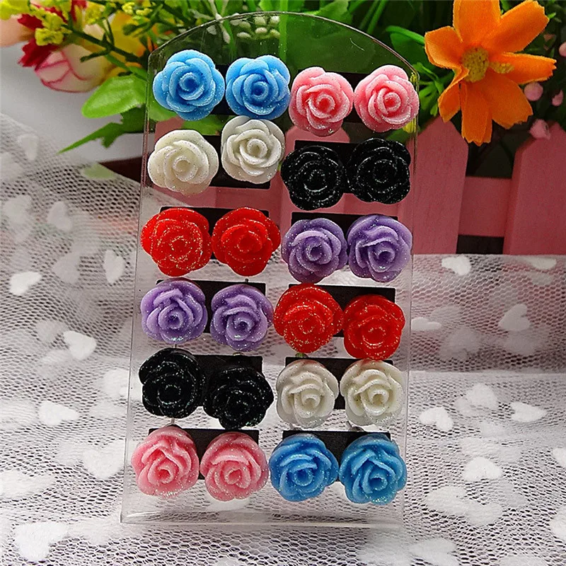 24PCS=12Pair Earring Pack Jewelry Mixed Lots Resin Rose Flower Stud Earrings Fluorescent Colors Of Roses Earrings For Women Gift