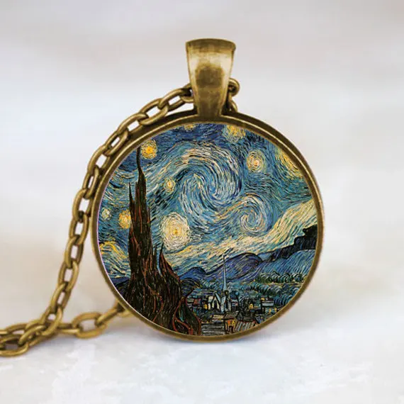 2017 New Classic Starry Night Pendant Van Gogh Necklace Glass Art Painting Pendants Jewelry Moon And Atars Necklaces HZ1