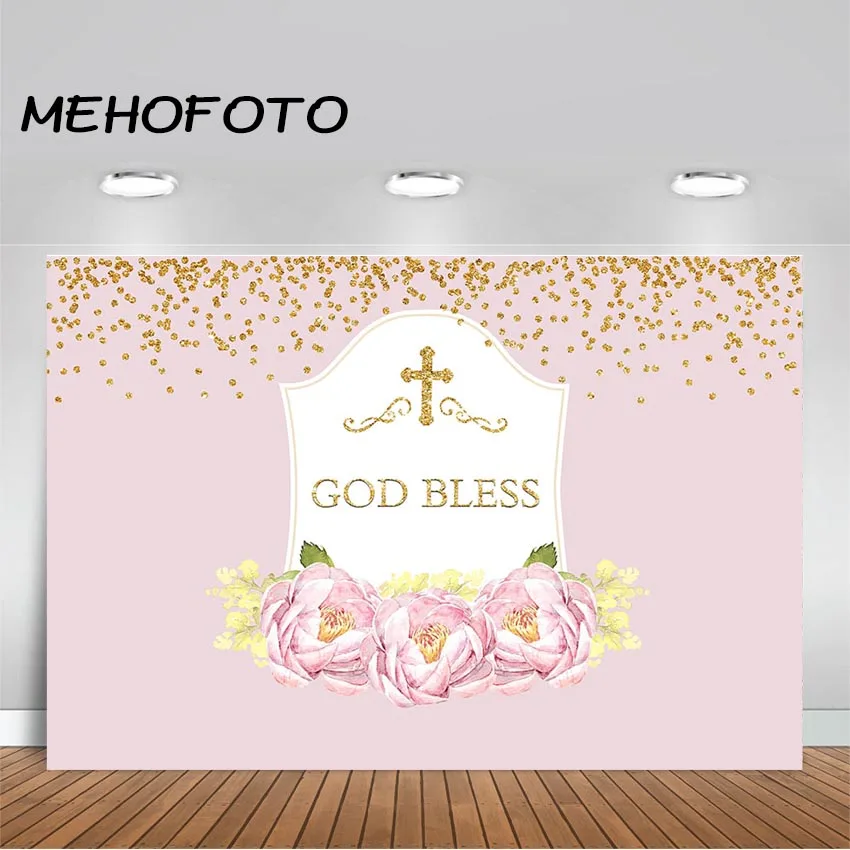 

God Bless Party Photo Backdrop Pink Floral God Bless Baptism Photography Background Birthday Party Banner Backdrops