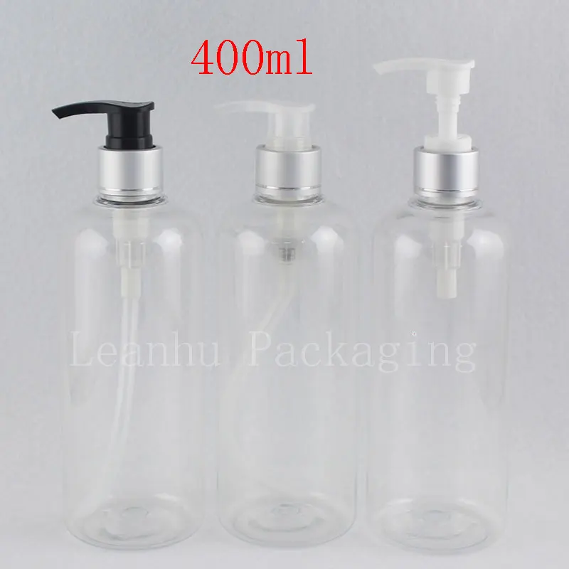 

400ml X 15 Empty Shampoo Bottle Clear Plastic Silver Aluminum Collar Dispenser Liquid Soap Dispenser Lotion Containers Pump