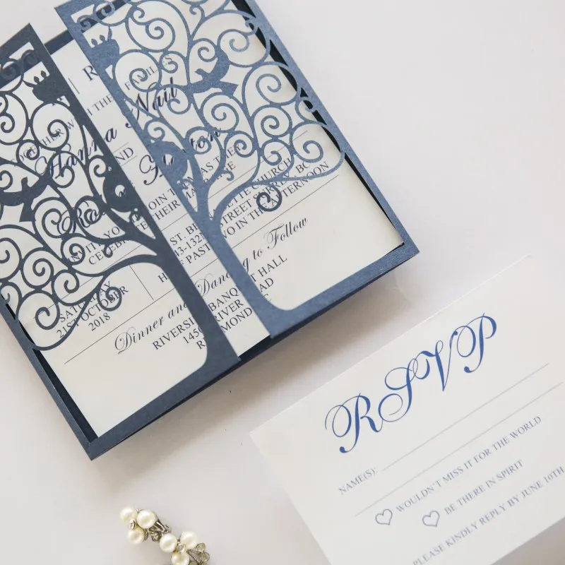 Elegant Navy Blue Fancy Laser Cut Wedding Invitations. 20+Colors available