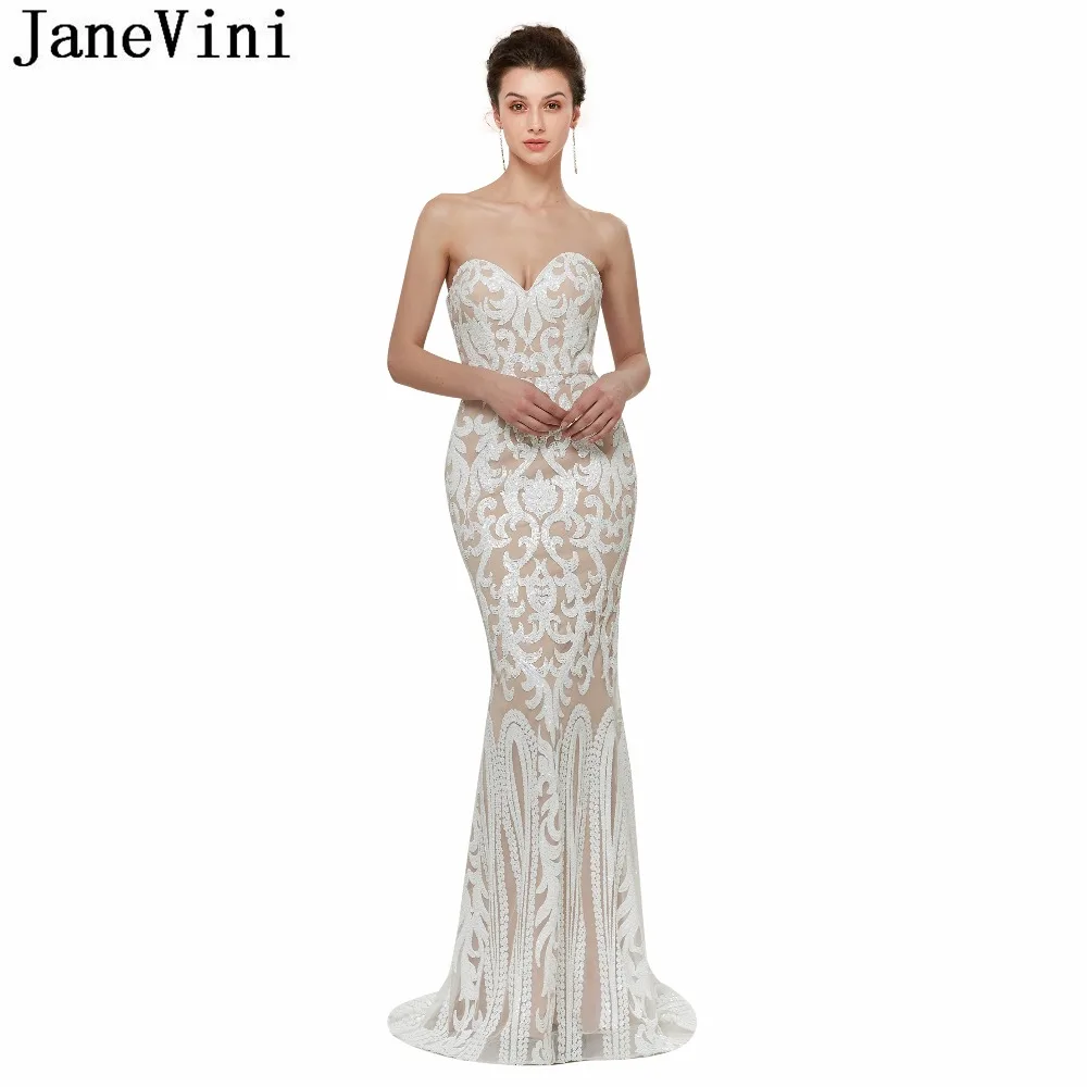 

JaneVini Ballkleider White Sequined Mermaid Bridesmaid Dresses Women Long Party Formal Wedding Guest Gowns Maid of Honor Dress