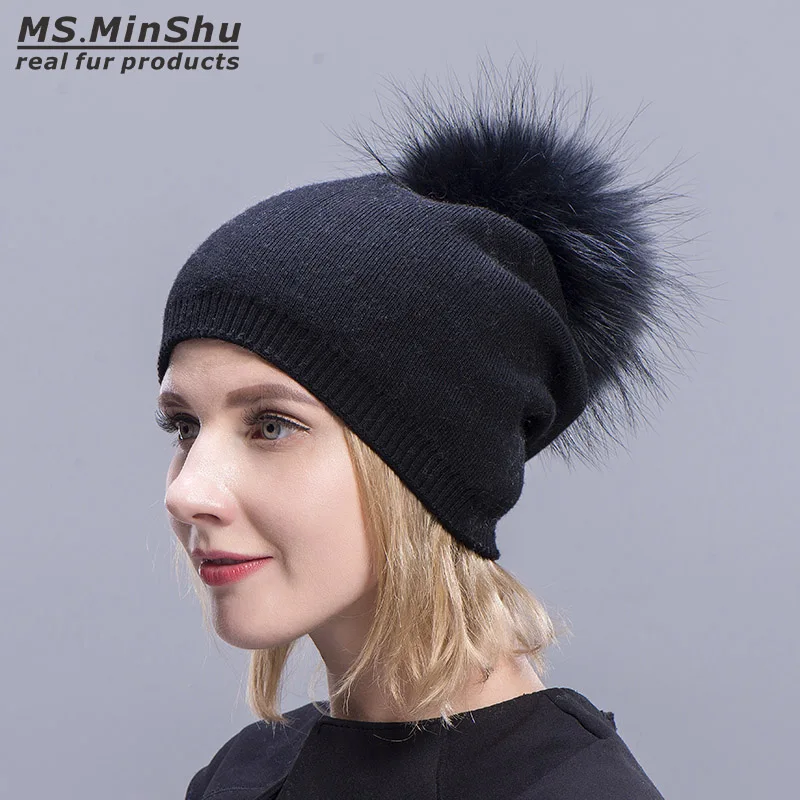 Ms. MinShu-Gorros de doble capa con piel de mapache real, Gorro con pompón, gorro de mezcla de Cachemira de punto para adultos, Invierno