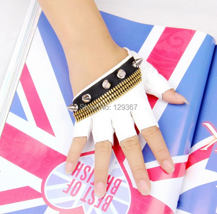 

Free shipping White metal punk spike leather semi-finger gloves Women gothic spike faux leather motercycle gloves L064