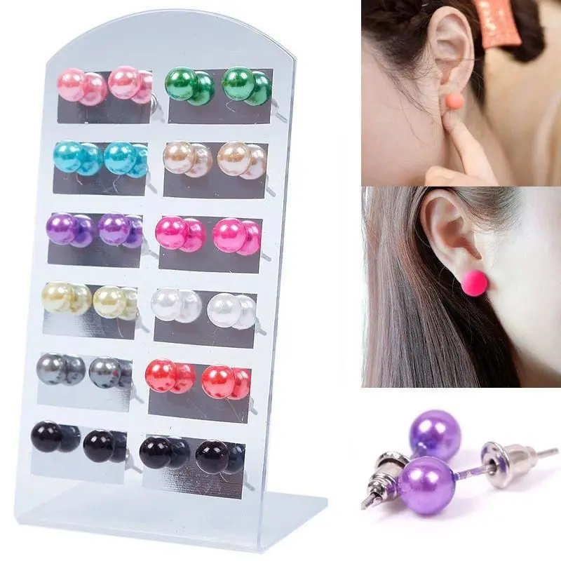 12Pair/Set Colorful 6mm Pearl Earring With Display Stand For Women Jewelry Bijoux Brincos Pendientes Mujer Fashion Stud Earrings