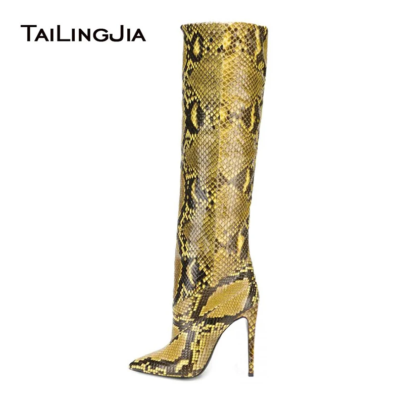 

High Heel Snake Print Knee High Boots Women Winter Shoes Woman Fashion Pointed Toe Long Boot Ladies 2021 Stiletto Slouch Boots