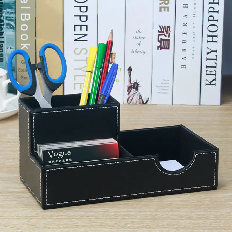 multifunction desktop office school wooden PU leather pen holder pencil case with note card case desk stationery organizer  1096