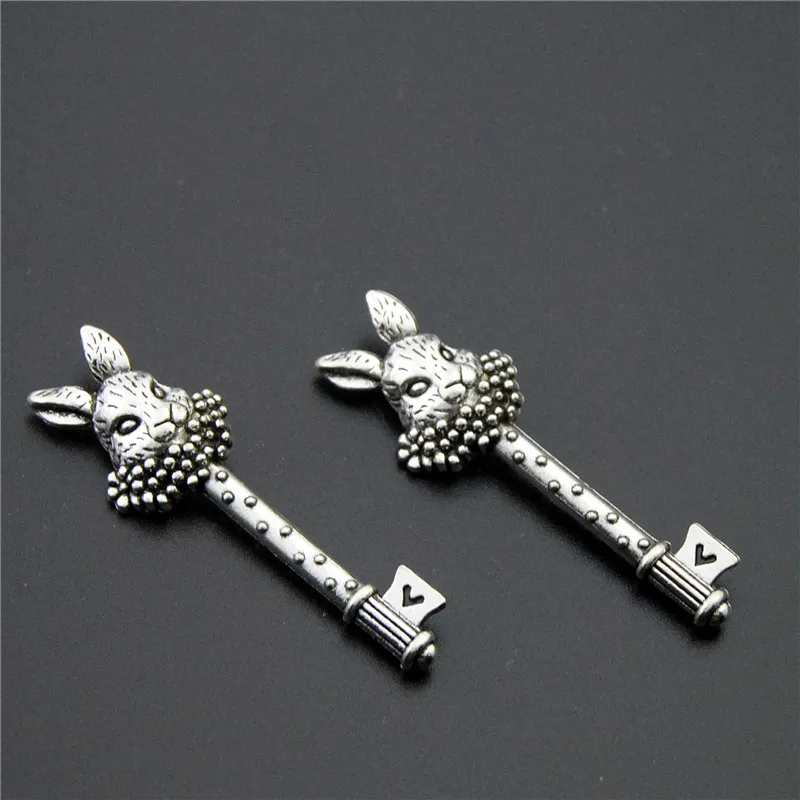 5pcs Bronze/Silver Color Easter Bunny Rabbit Key Charm Pendant DIY Necklace Jewellry Findings 51x16mm