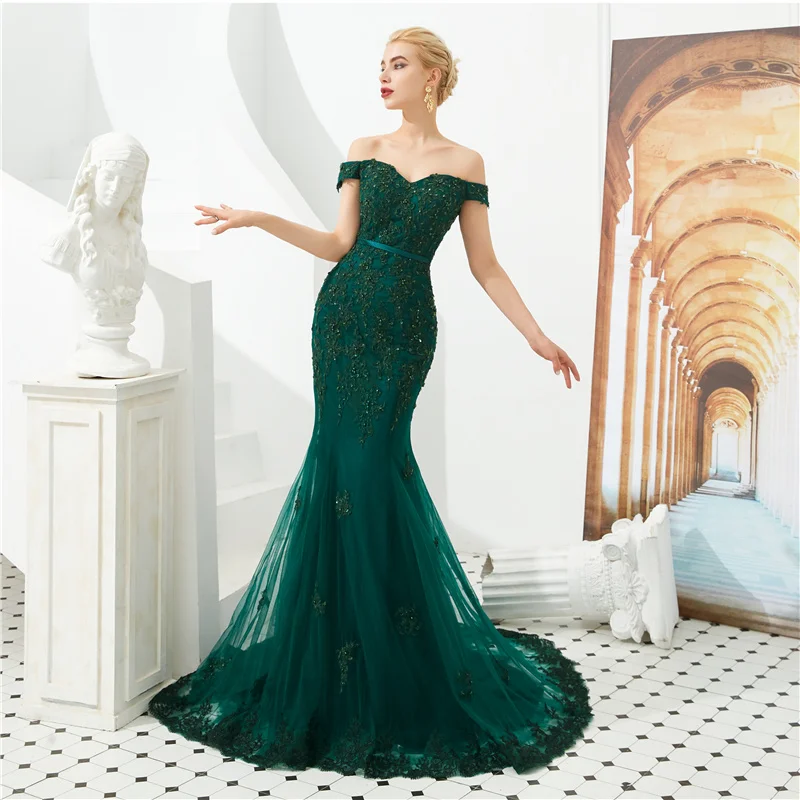 Vestido De noche De sirena verde oscuro, vestido De encaje con apliques De cuentas, con hombros descubiertos, 2022