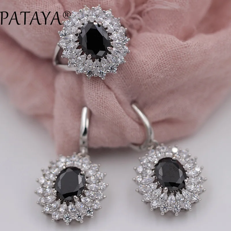 PATAYA New Women Luxury Wedding Jewelry Green Natural Zirconia Big Earrings Ring Sets True White Gold Color  Multicolor Jewelry