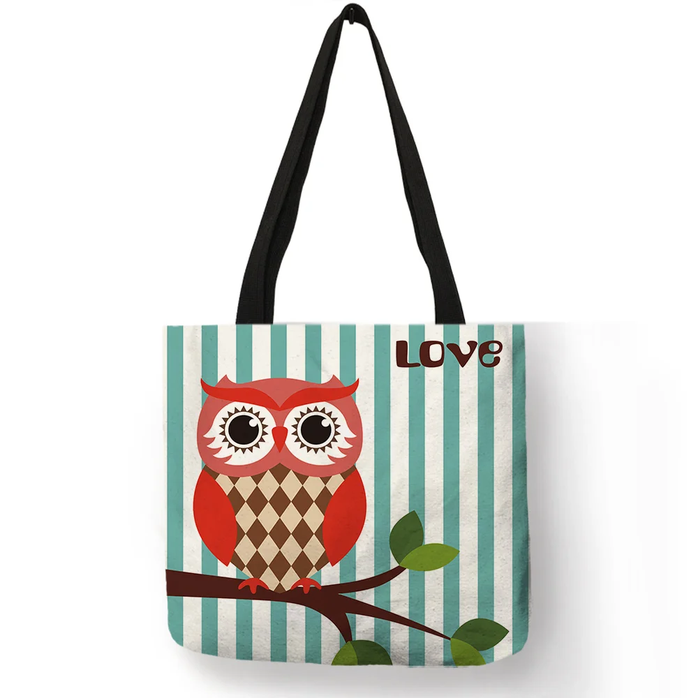 Exclusive Floral Design Tote Bag Cartoon Cute Owl Trees Stripe Print Linen Handbag Lady Girls School Daily Shopping Storage Bags