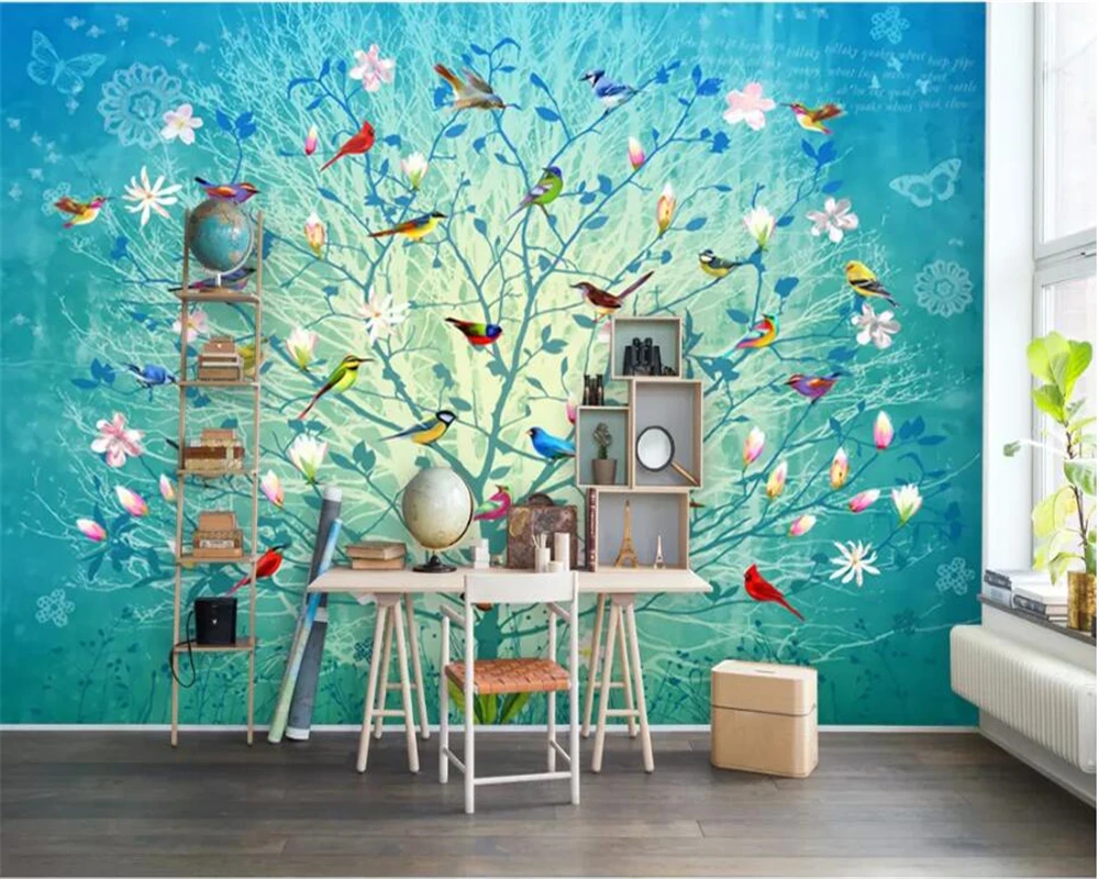 Beibehang Customized large fashion photo wallpaper blue branches hand-painted flowers and birds mural wall decoration wallpaper