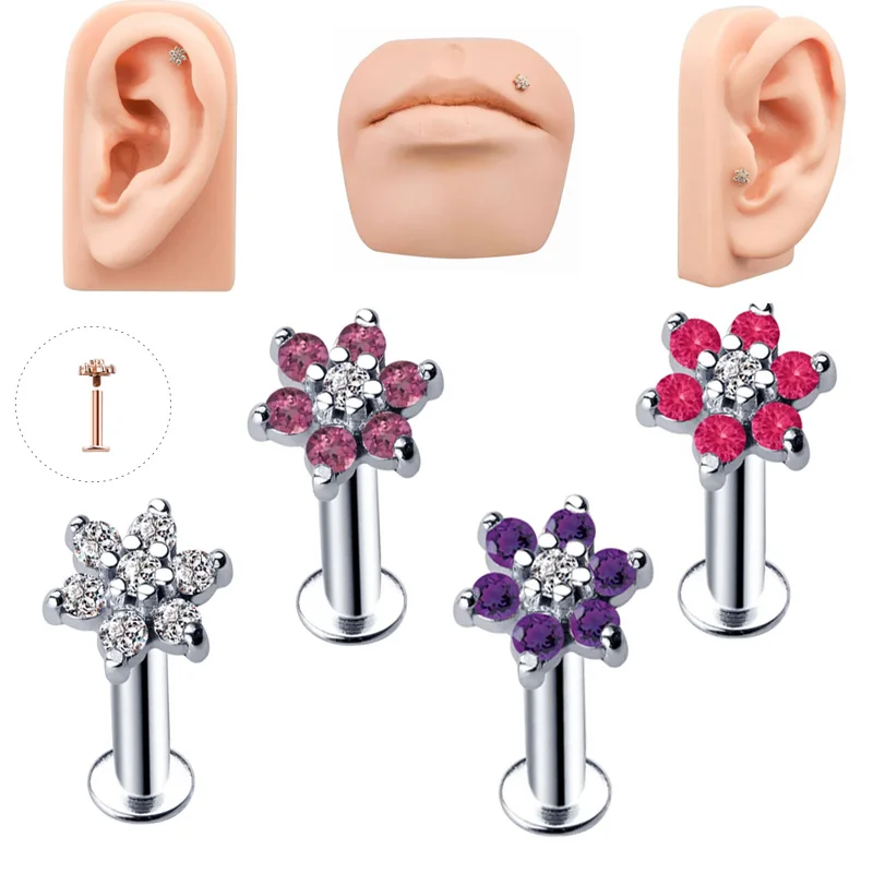 1Pc 1.2x6/8x6m Colorful Flower Lip Ring Ear Tragus Piercing Bar Cartilage Earring Stud Piercing Fashion Jewelry For Sexy Girls