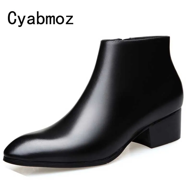 

Autumn winter mens genuine leather boots thick high heels fashion high top zip ankle boots dress shoes men career work boots man